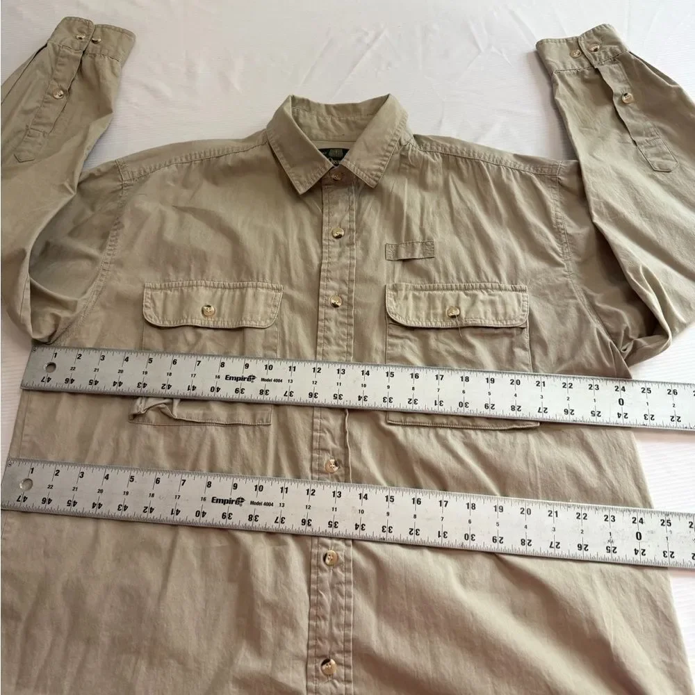 Orvis Men’s Khaki Cargo Vintage Camp Button Up Shirt Size Large